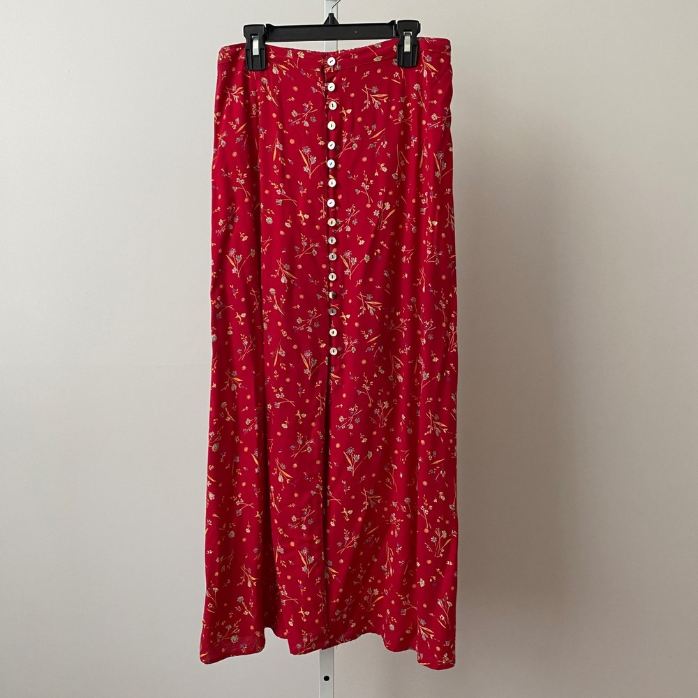 VTG Mixed Blues Boho Prairie Floral Button Down Maxi Skirt Medium Red